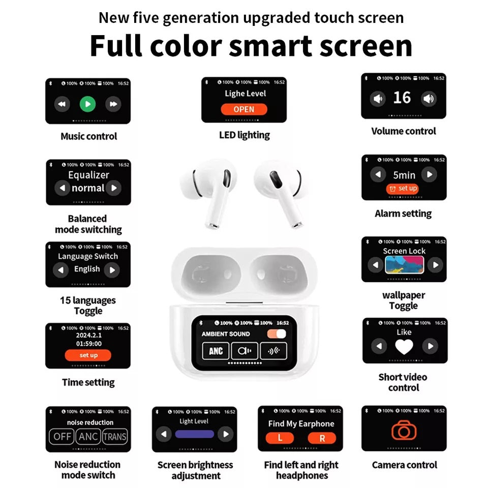 White New A9 Pro Apple Airpods Anc/enc Zhongkelqnxun Noise Reduction Touch Control Bluetooth 5.4 Wireless Earbuds