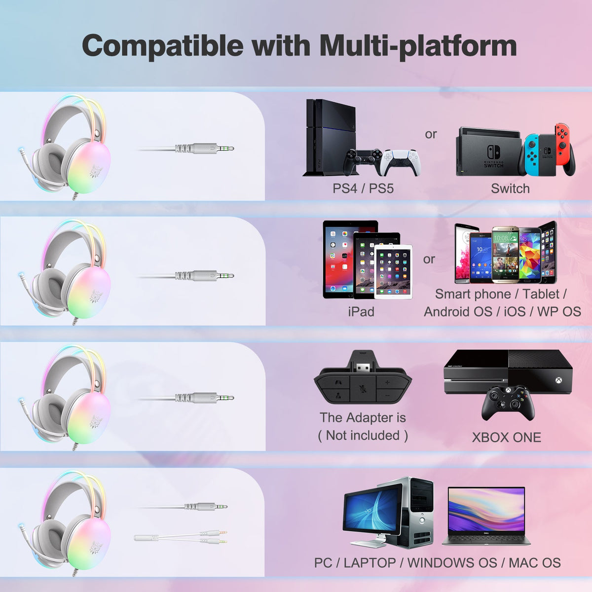 Onikuma-x25 Pro Rgb Head Beam With Mic 3.5mm Durable Stereo Surround Gaming Headset White
